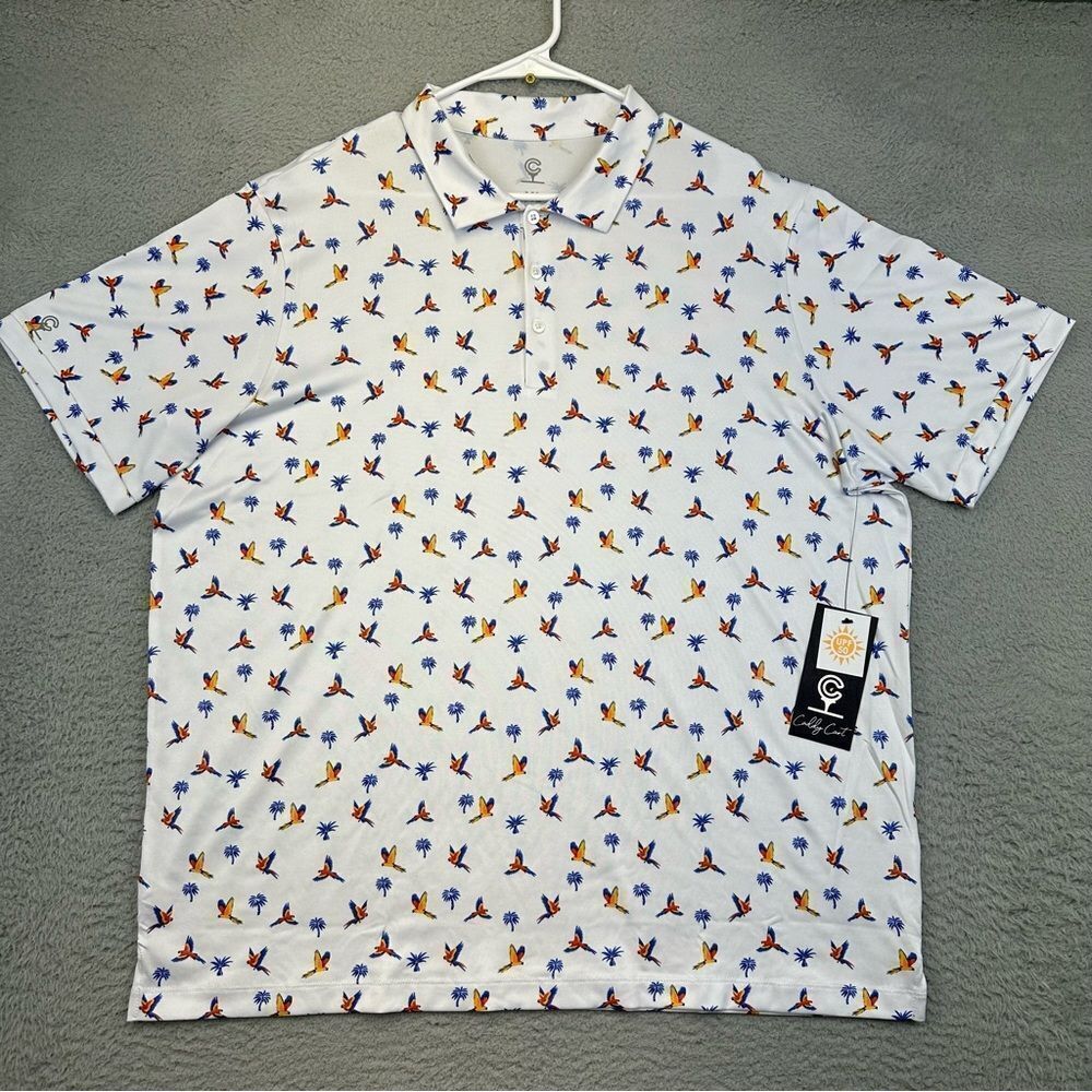 Caddy Cart Golf Polo Mens XL White Macaw Tropical Hawaiian Stretch UPF50‎ NEW